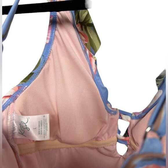 Kona Sol Light Blue Floral One Piece Swimsuit Pink Flowers Ruffles Bathing Suit - Picture 5 of 5